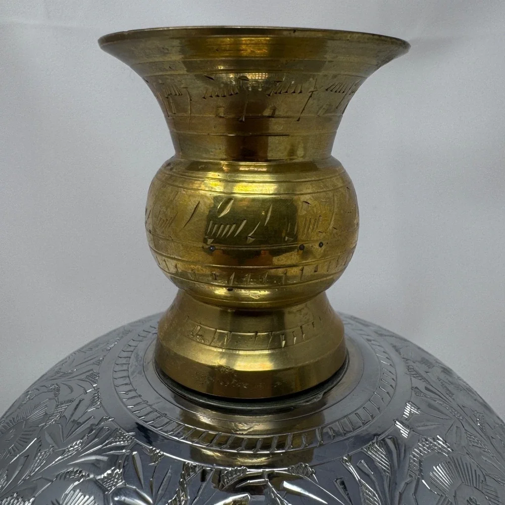 Vintage Indian Brass Silver-Tone Engraved Vase 2-Piece Floral Globe 8.5in Decor